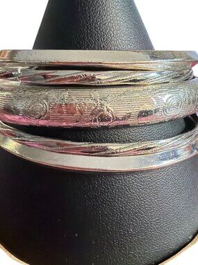 Vintage Silver Tone Etched Polished Bangle Bracelets Set Of 5 Estate Size 8